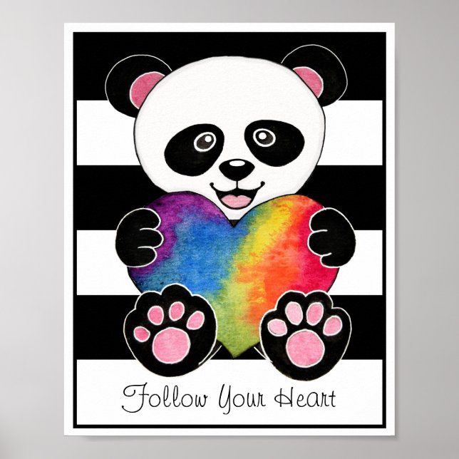 Watercolor Cute Panda With Rainbow Heart Poster (Front)