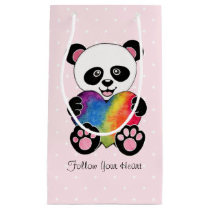 Watercolor Cute Panda With Rainbow Heart Small Gift Bag