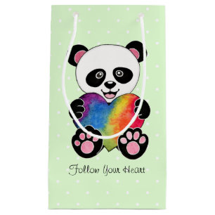 Watercolor Cute Panda With Rainbow Heart Small Gift Bag
