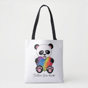Watercolor Cute Panda With Rainbow Heart Tote Bag