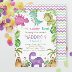 Watercolor Cute Pastel Dinosaurs Greenery Girl Invitation