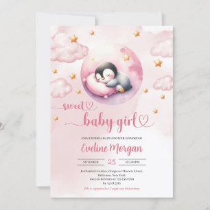 Watercolor cute penguin girl baby shower invitation