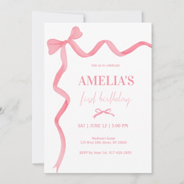 Watercolor Cute Pink Bow Coquette 1st Birthday Invitation (Front)