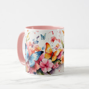 Watercolor Cute Pink Butterfly Flower Mug