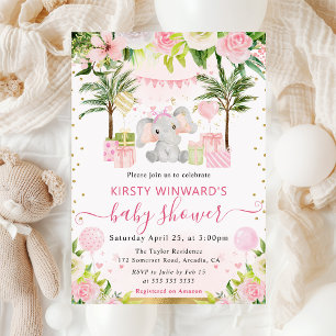 Watercolor Cute Pink Jungle Elephant Baby Shower Invitation