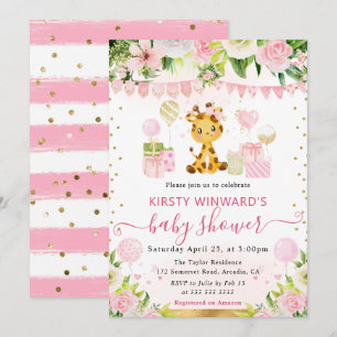 Watercolor Cute Pink Jungle Giraffe Baby Shower Invitation