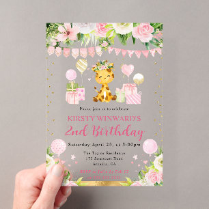 Watercolor Cute Pink Jungle Giraffe Kids Birthday Acrylic Invitations