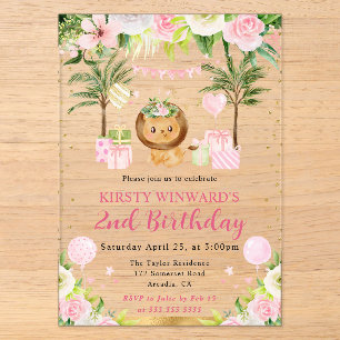 Watercolor Cute Pink Jungle Lion Kids Birthday Acrylic Invitations