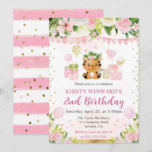 Watercolor Cute Pink Jungle Tiger Kids Birthday Invitation