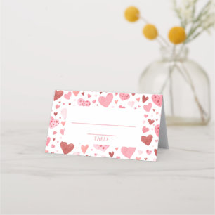 Watercolor Cute Pink Red Hearts Valentine's Day Place Card