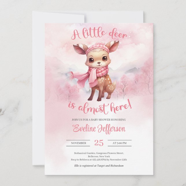 Watercolor cute pink reindeer winter girl invitation (Front)