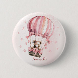 Watercolor Cute Pink Teddy Bear Hot Air Balloon 6 Cm Round Badge