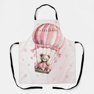 Watercolor Cute Pink Teddy Bear Hot Air Balloon Apron