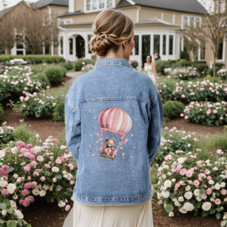 Watercolor Cute Pink Teddy Bear Hot Air Balloon Denim Jacket