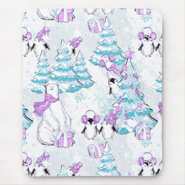 Watercolor Cute Polar Bear and Penguin Friends Mouse Pad (Front)