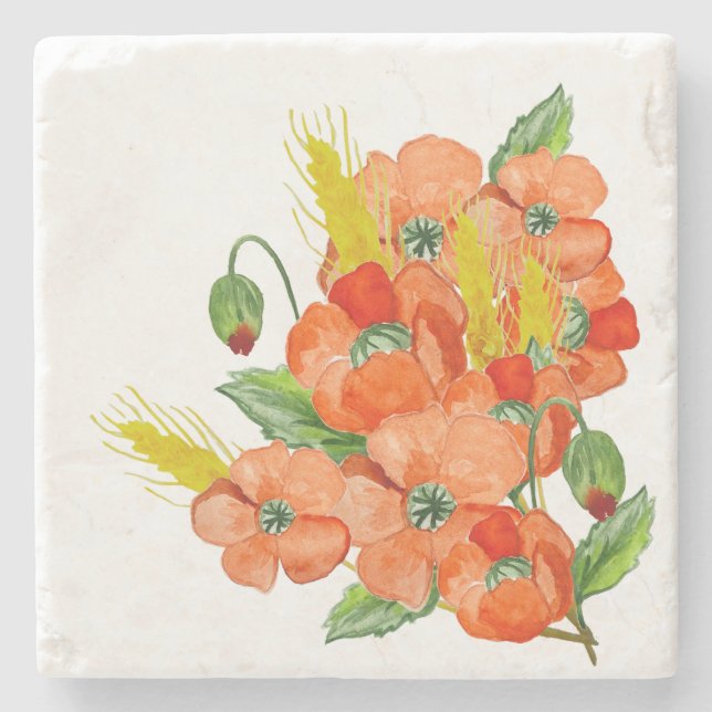 Watercolor cute poppy flowers stone coaster (Front)