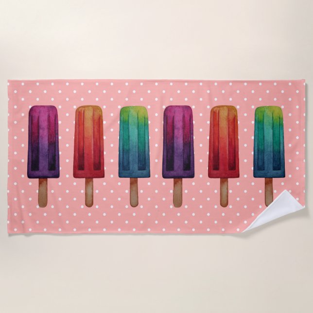 Watercolor Cute Popsicle Ice Creams Beach Towel (Front)