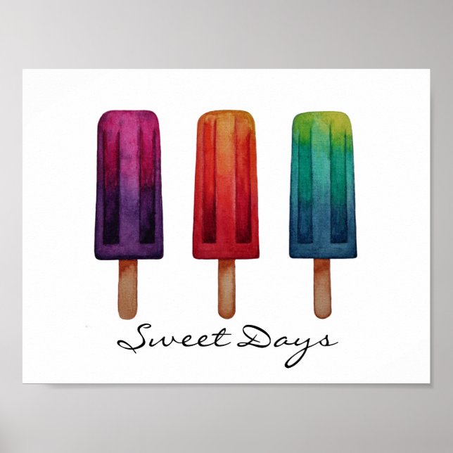 Watercolor Cute Popsicle Ice Creams Poster (Front)