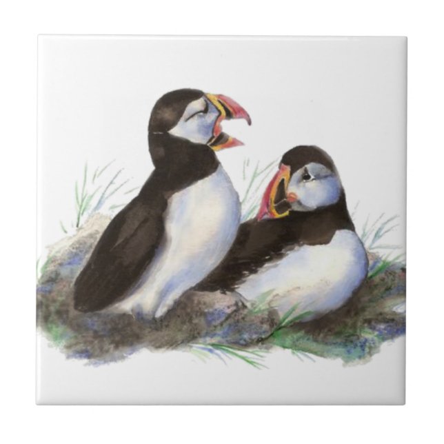 Watercolor Cute Puffin Bird Art Ceramic Tile (Front)