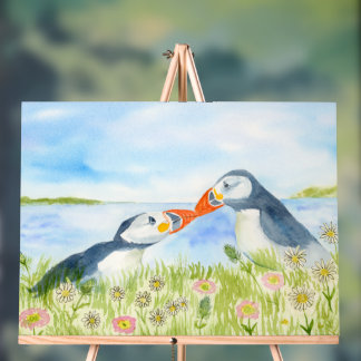 Watercolor Cute Puffins in a Field of Flowers Acrylic Sign