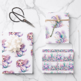 Watercolor cute purple and turquoise mermaid wrapping paper sheet