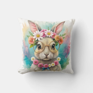 Watercolor Cute Rabbit Wildflowers Cushion