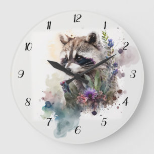 Watercolor Cute Raccoon Spring Flowers       Large Clock