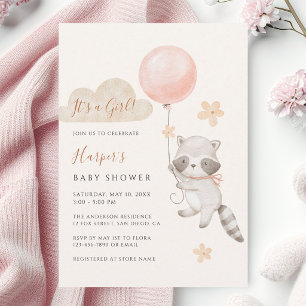 Watercolor Cute Racoon Flying Balloon Baby Shower Invitation