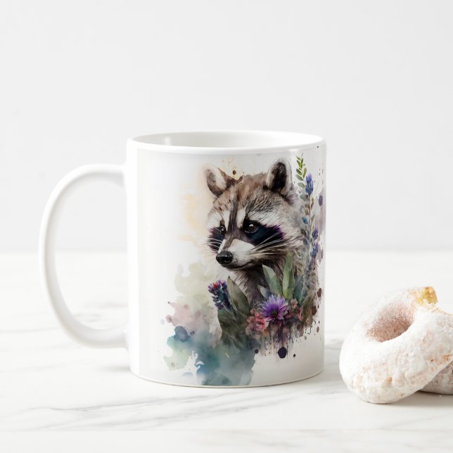 Watercolor Cute Racoon Spring Flowers         Coffee Mug (With Donut)
