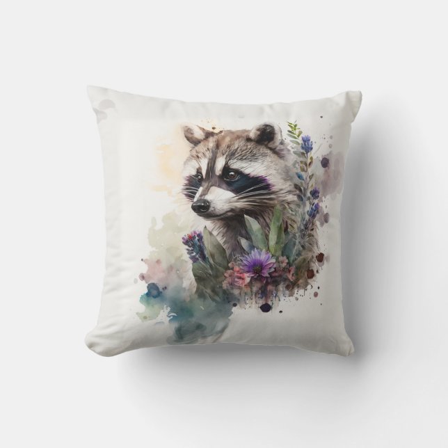 Watercolor Cute Racoon Spring Flowers        Cushion (Front)