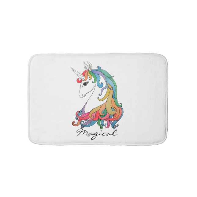 Watercolor cute rainbow unicorn bath mat (Front)