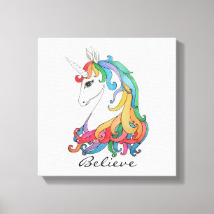 Watercolor cute rainbow unicorn canvas print