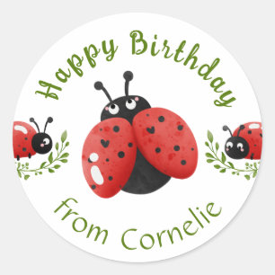 Watercolor Cute Red Ladybug Happy Birthday Classic Round Sticker