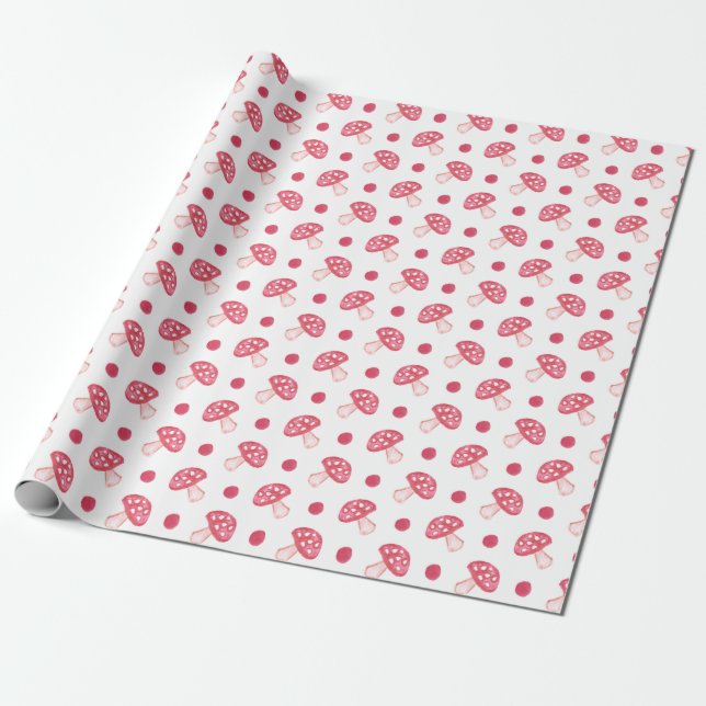 watercolor cute red mushrooms and polka dots wrapping paper (Unrolled)
