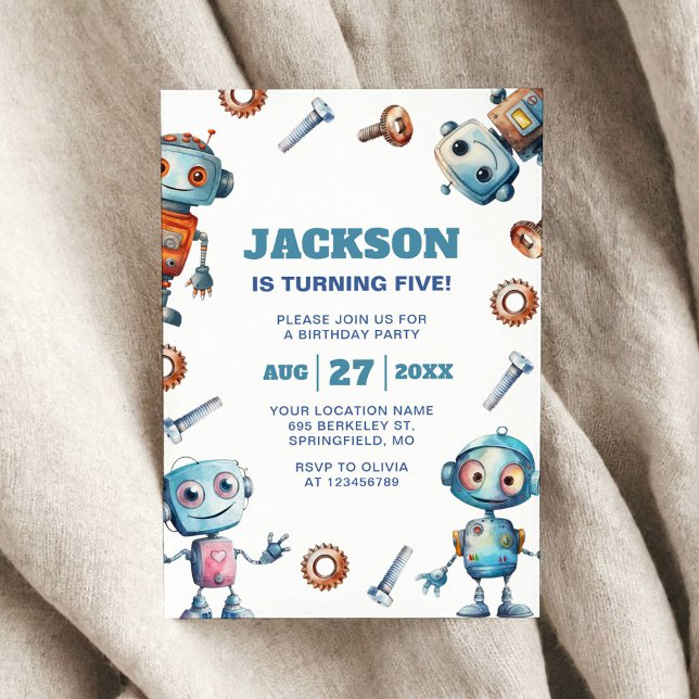 Watercolor Cute Robot Kids Birthday Invitation (Creator Uploaded)
