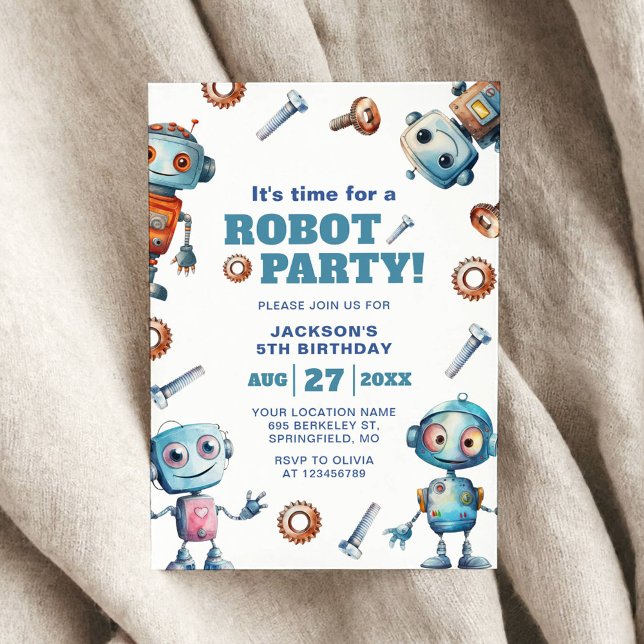 Watercolor Cute Robot Kids Birthday Invitation (Creator Uploaded)