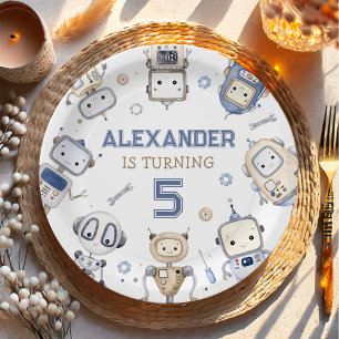 Watercolor Cute Robot Kids Birthday Party Paper Plate