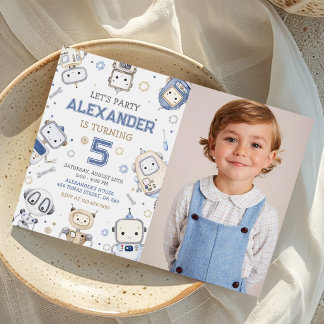Watercolor Cute Robot Kids Birthday Party Photo Invitation