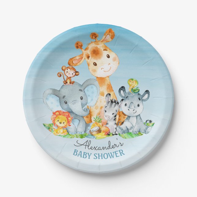 Watercolor Cute Safari Jungle Animals Baby Shower Paper Plate (Front)