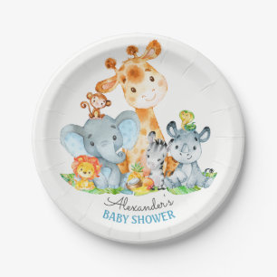 Watercolor Cute Safari Jungle Animals Baby Shower Paper Plate