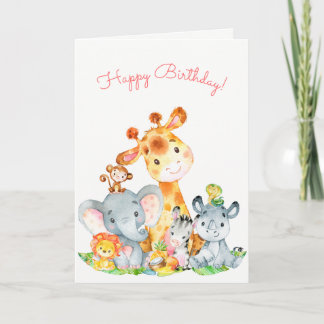 Watercolor Cute Safari Jungle Animals Birthday Card