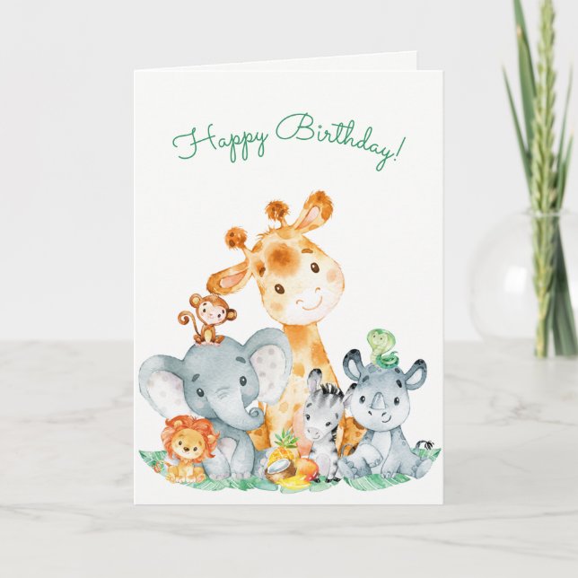 Watercolor Cute Safari Jungle Animals Birthday Card (Front)