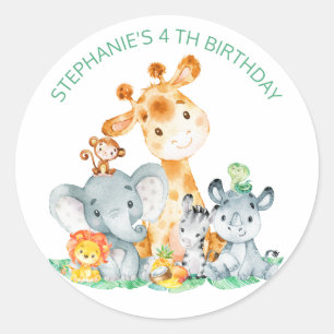 Watercolor Cute Safari Jungle Animals Birthday Classic Round Sticker