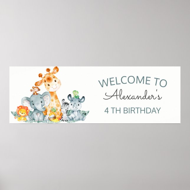Watercolor Cute Safari Jungle Animals Birthday Poster (Front)