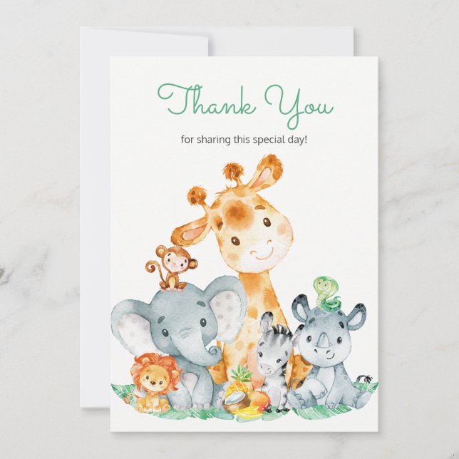 Watercolor Cute Safari Jungle Animals Thank You (Front)