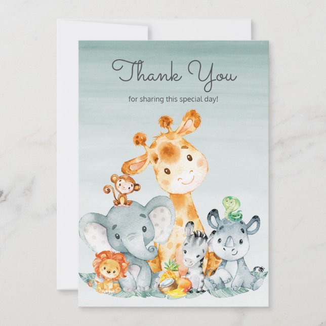 Watercolor Cute Safari Jungle Animals Thank You Card (Front)
