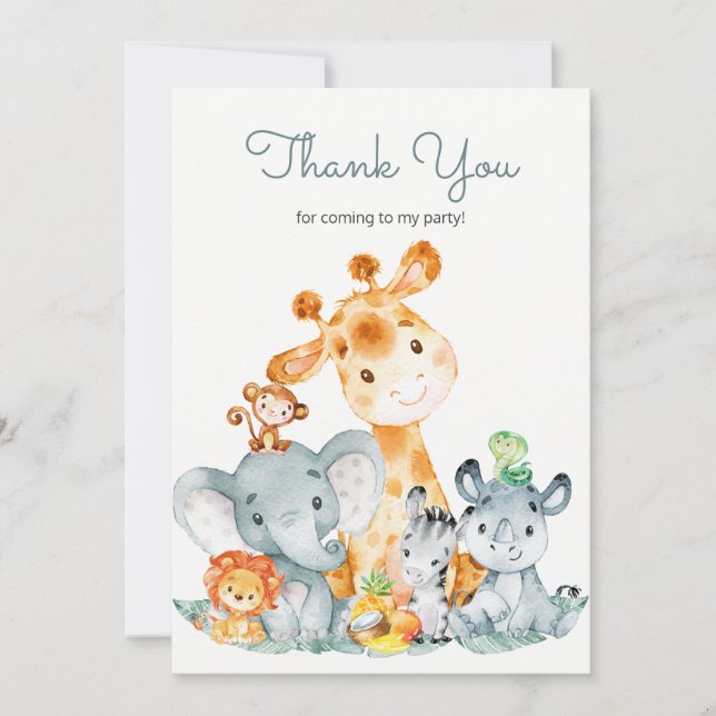 Watercolor Cute Safari Jungle Animals Thank You Card (Front)