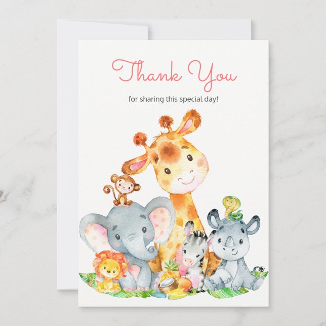 Watercolor Cute Safari Jungle Animals Thank You Card (Front)