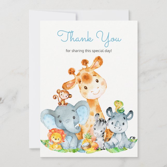 Watercolor Cute Safari Jungle Animals Thank You Card (Front)