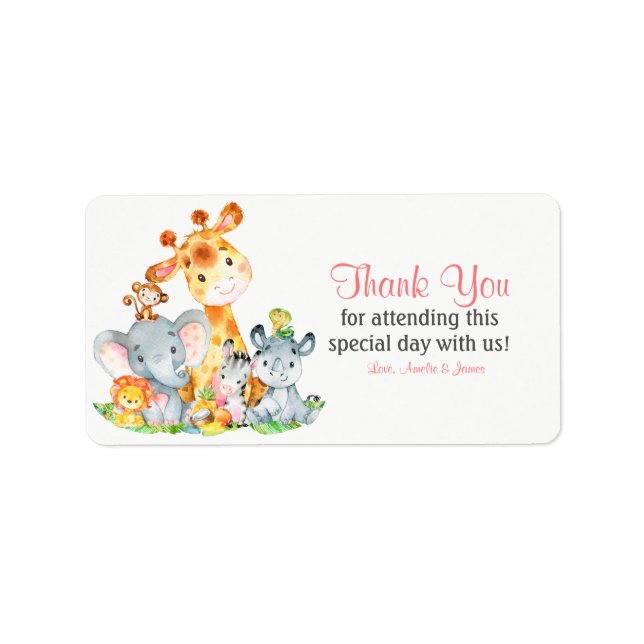 Watercolor Cute Safari Jungle Animals Thank You Label (Front)